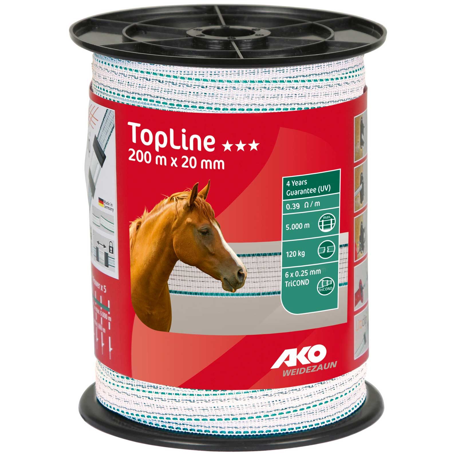 AKO Nastro per recinto elettrico TopLine 200m, 20mm, 6x0.25 TriCOND, bianco / petrolio