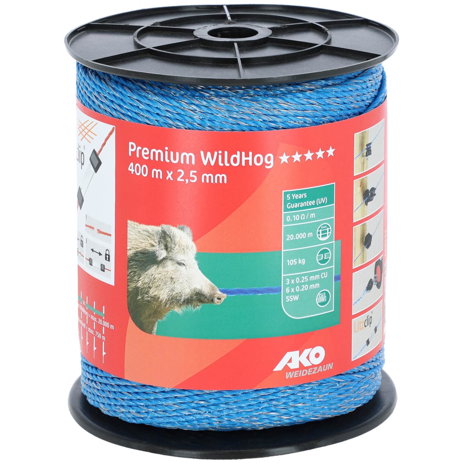AKO Filo per recinto elettrico Premium WildHog 400 m, 6x0,20 acciaio 3x0,25 rame, blu