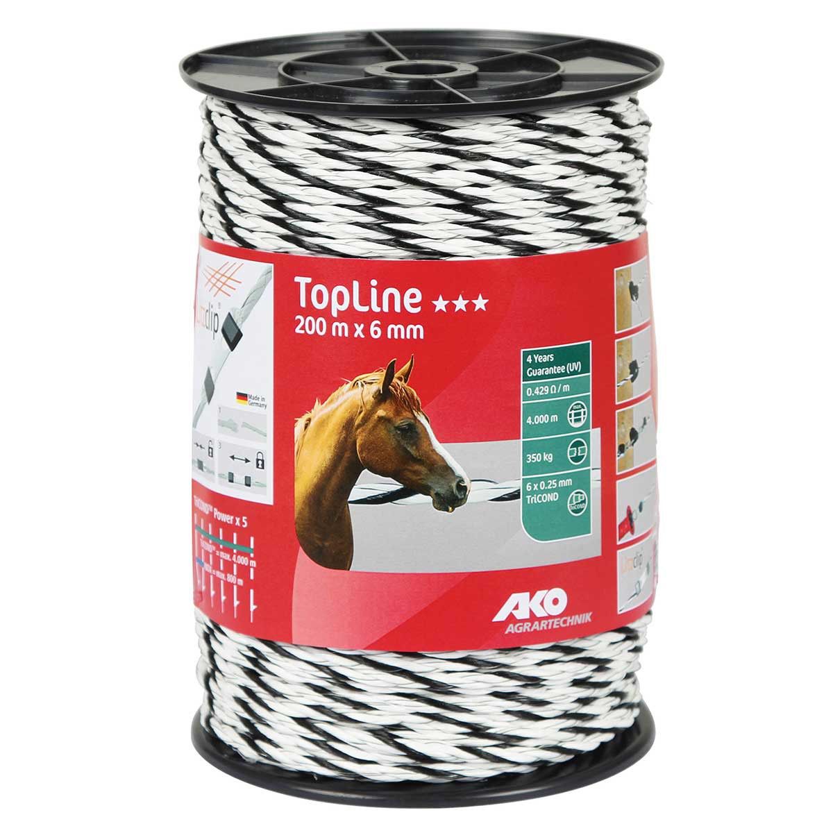 AKO Corda per recinto elettrico TopLine Plus 200m, Ø 6 mm, 6x0.25 TriCOND, bianco / nero