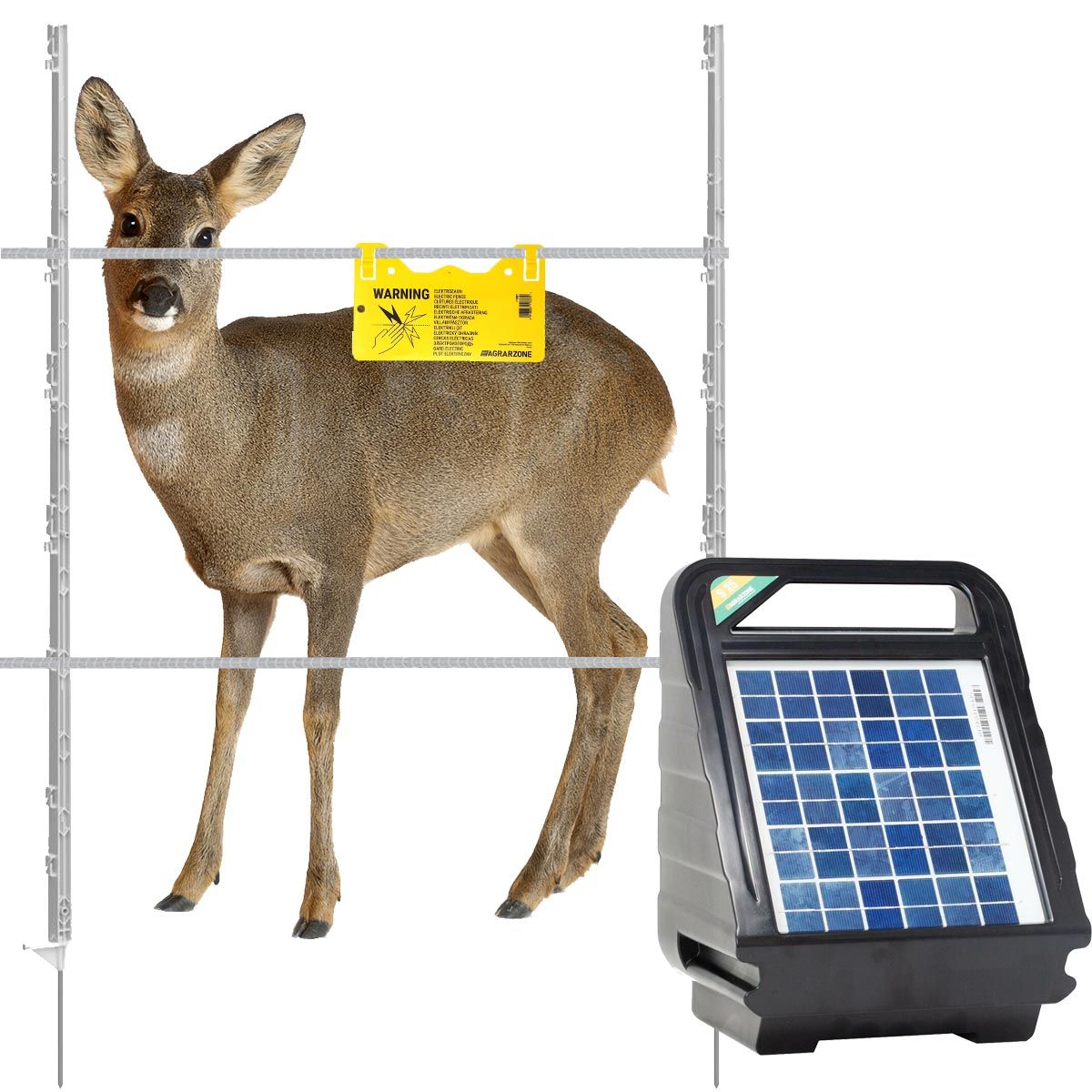 Kit recinto per cervi e caprioli S25 fotovoltaico 12V 0,40 J, nastro 400 m, bianco