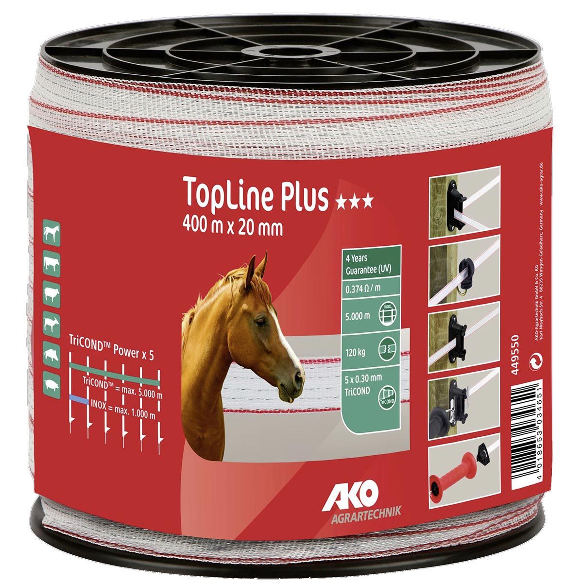 Ruban de clôture électrique AKO TopLine Plus, 400 m, 20 mm, 5x0.30 TriCOND, blanc / rouge