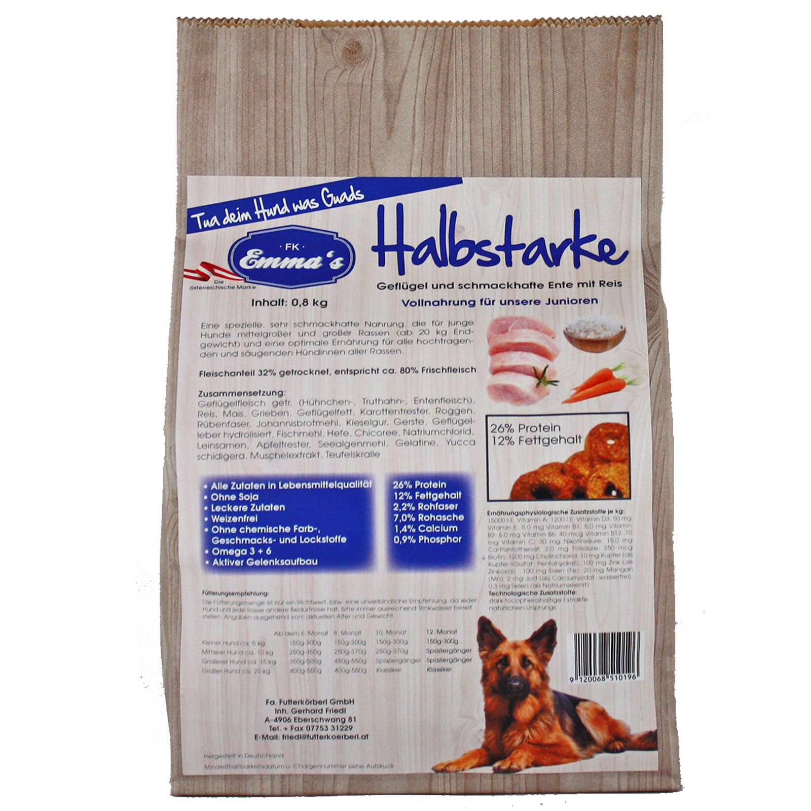 Emmas Halbstarke Crocchette per cani junior con pollo, anatra e riso 0,8 kg