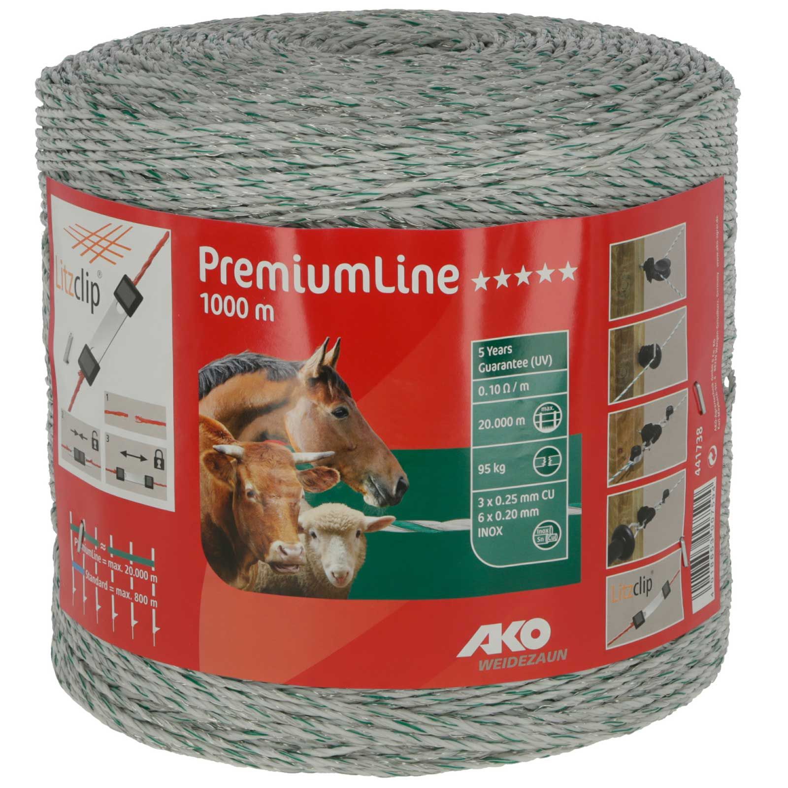 Fil de clôture électrique AKO PremiumLine 1000 m, 6x0.20 acier + 3x0.25 cuivre, blanc / vert