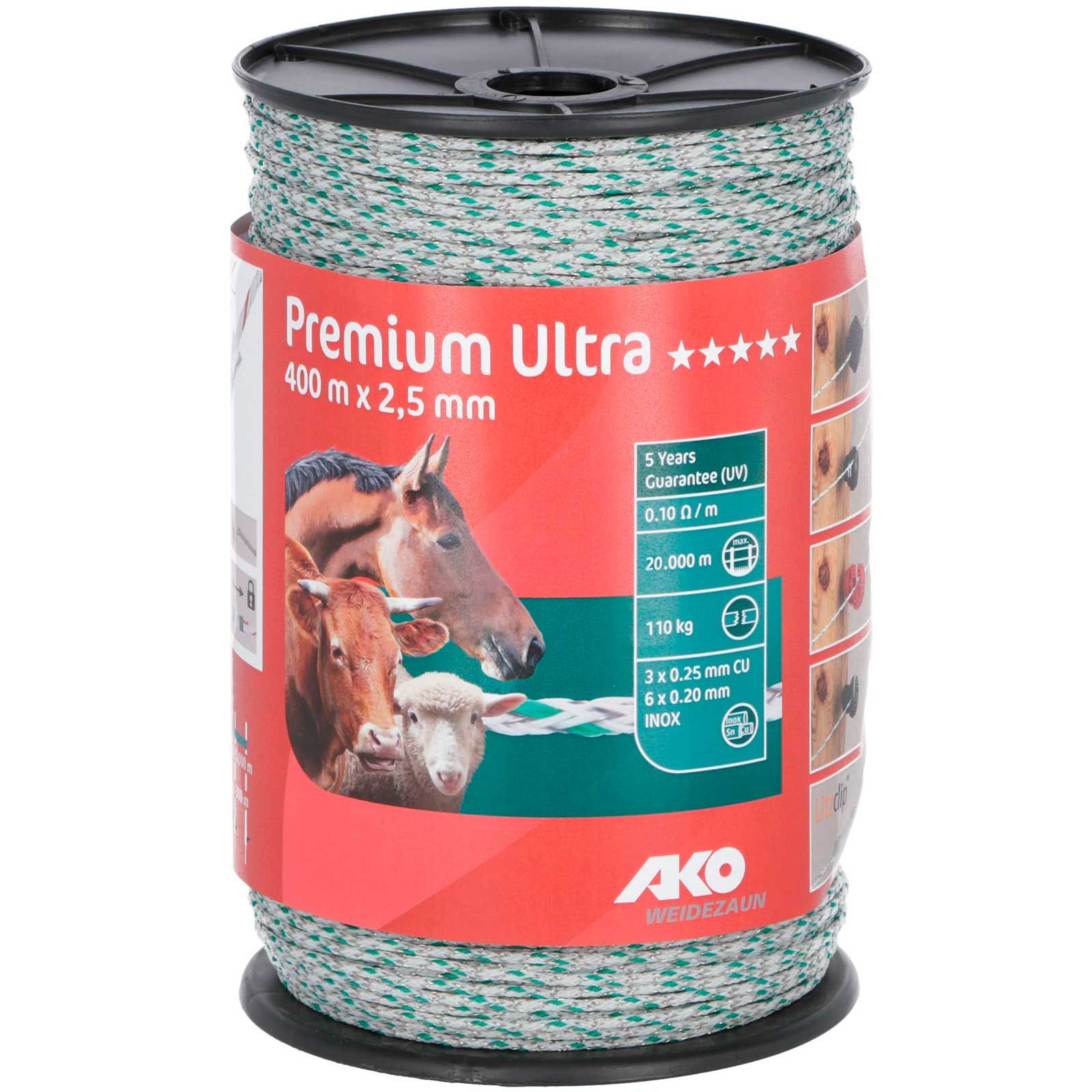 AKO Filo per recinto elettrico Premium Ultra 400m, 6x0.20 acciaio + 3x0.25 rame, bianco / verde